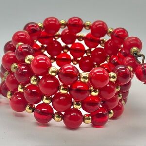 Vintage Red Plastic Beaded Bracelet Wrap Gold Spacers Lucite Spiral 50s 60s